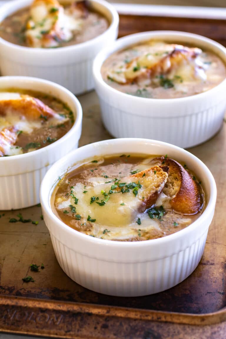 bowls of soup on a sheet pan.