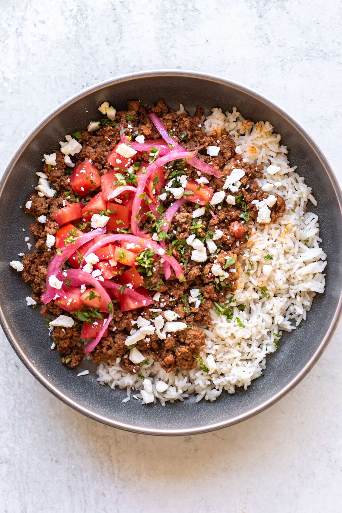 the finished dish in a grey bowl.