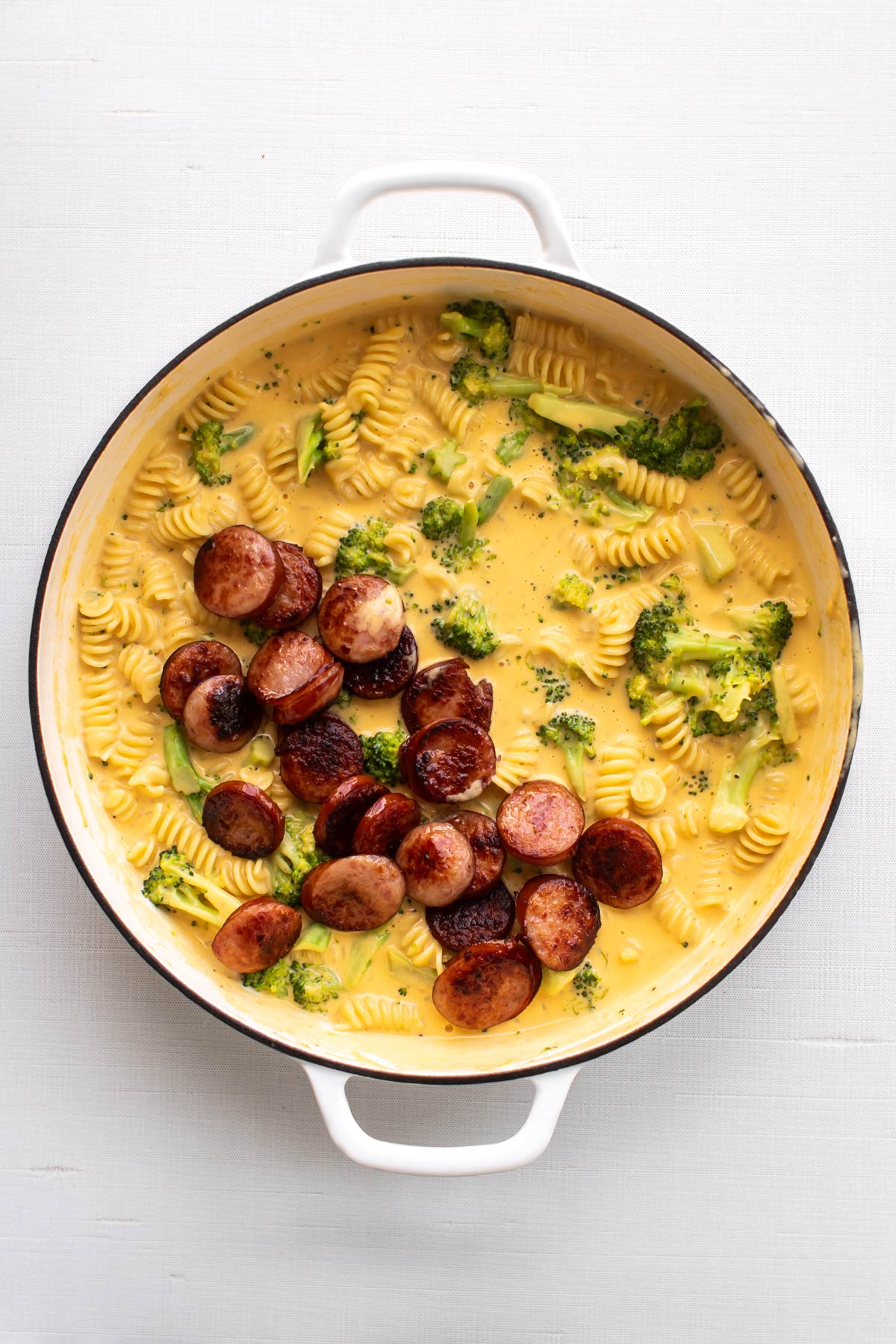 the kielbasa added to the pasta and sauce.