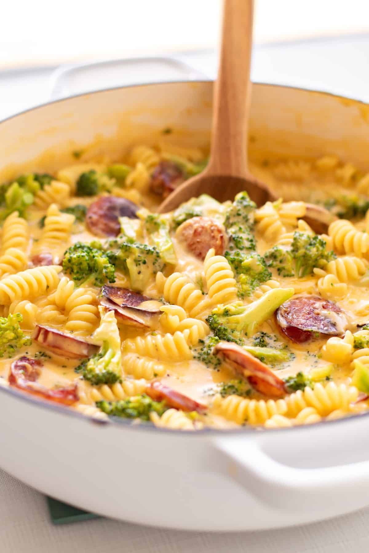 a pan of cheddar kielbasa pasta.