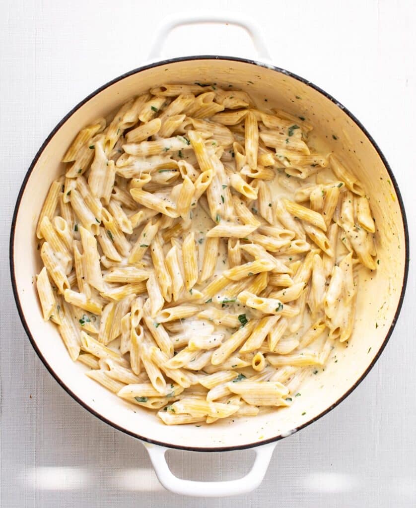 the pasta and sauce in a pan