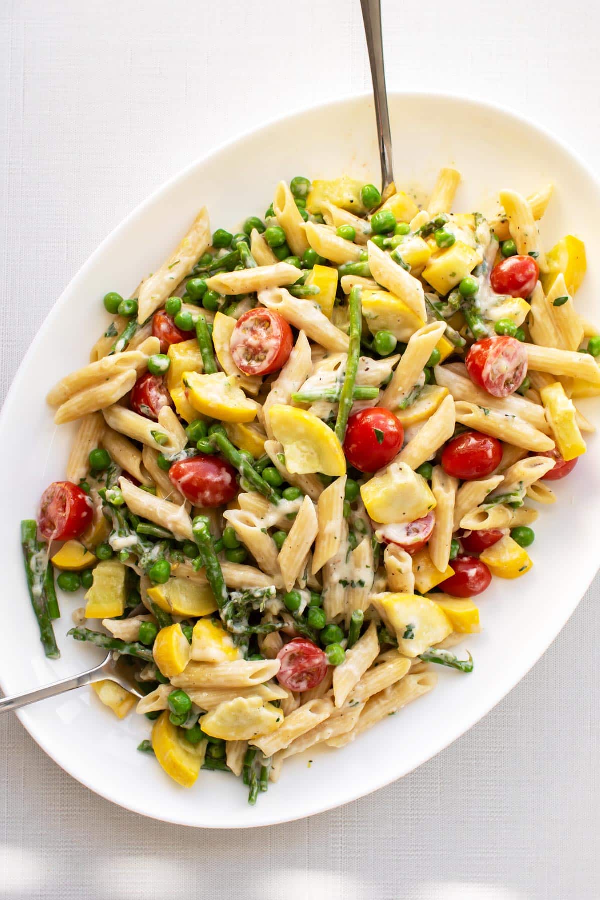 pasta primavera on a white plate